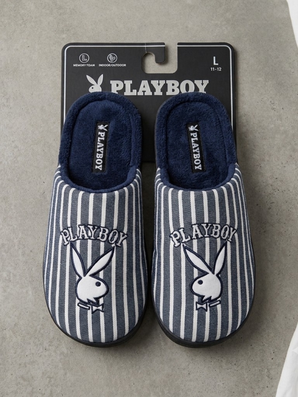 PLAYBOY Navy and White Striped Embroidered Slide Slippers